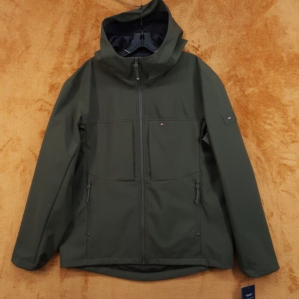 TOMMY HILFIGER Jacket Mens XL Green Hooded Zip Up Water Wind Resistant $195